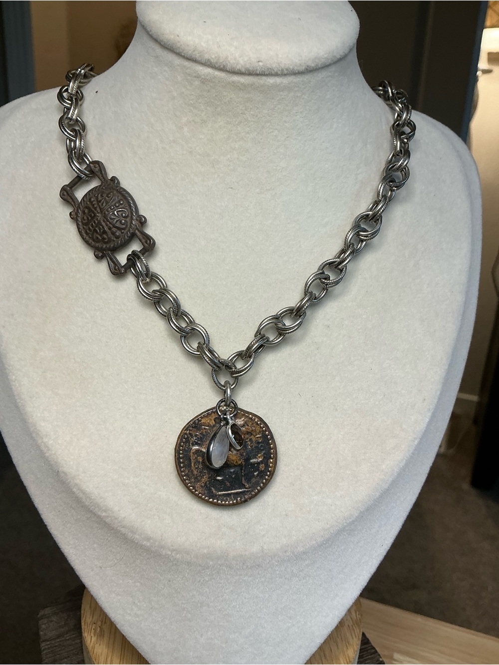 🏛️ Antique Silver Chain with Roman Coin, Smoky Quartz & Moonstone